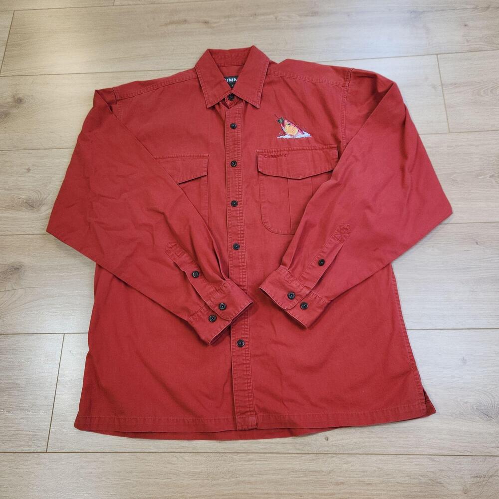 Simms Shirt Mens Medium Red Solid Long Sleeve Button Up Fish Embroidered Twill
